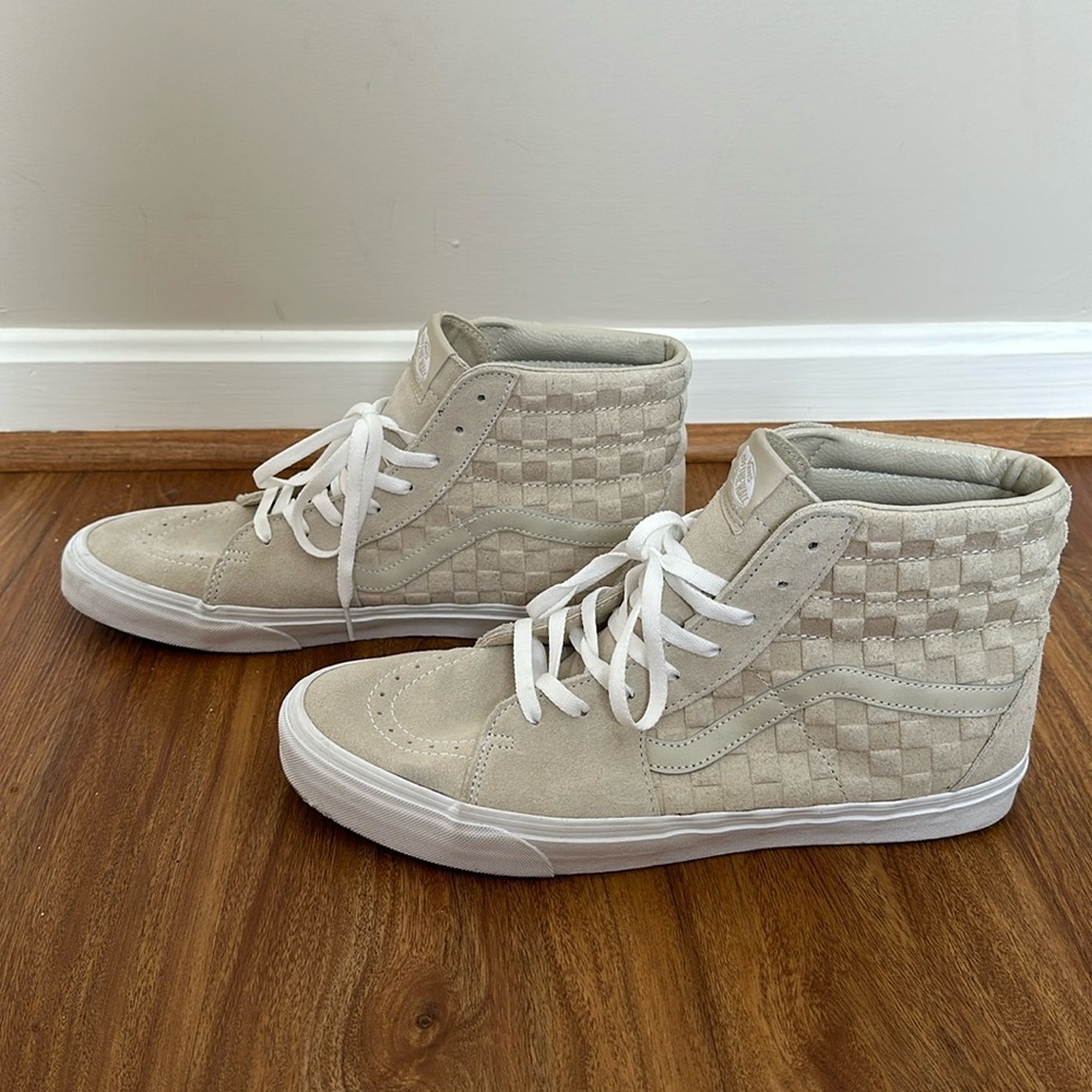 Vans SK8-HI Top Emboss Checkerboard Oatmeal Leather Suede Casual Sneakers sz 13